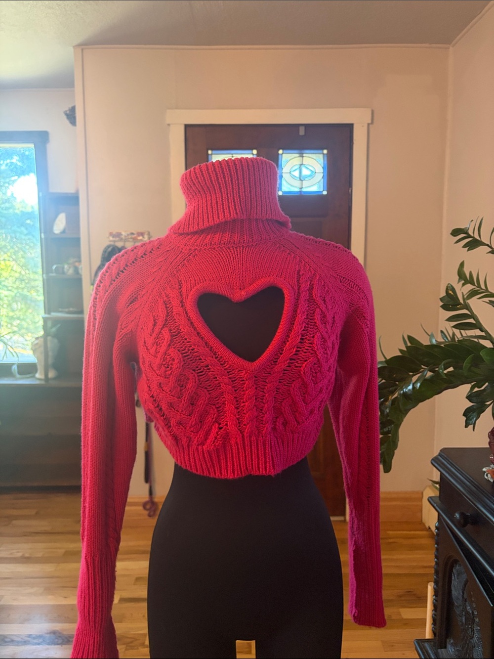 For Love & Lemons Hot Pink Cropped Turtleneck Sweater with Heart Cutout